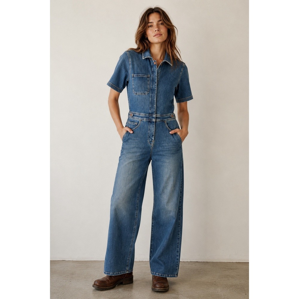 Rivet Utility Rowdy Jumpsuit Small Denim Wide Leg Utility Y2K Americana USA